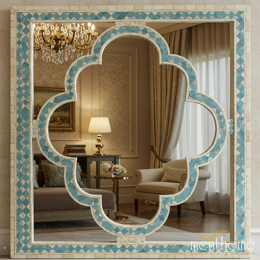 Decorative Moroccan Style Wall Mirror with Blue and White Mosaic Frame | Luxury Handmade Mirror