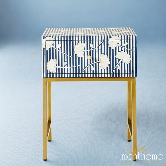 Flower Pattern Bedside Table with Metal Base | Luxury Handmade Bedside Table