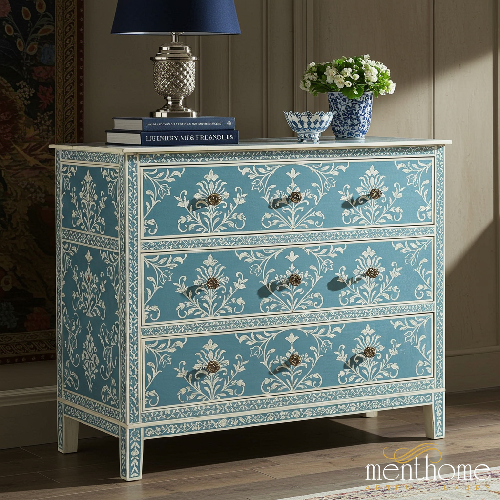 Blue Floral Pattern Three-Drawer Chest | Luxury Handmade Dresser