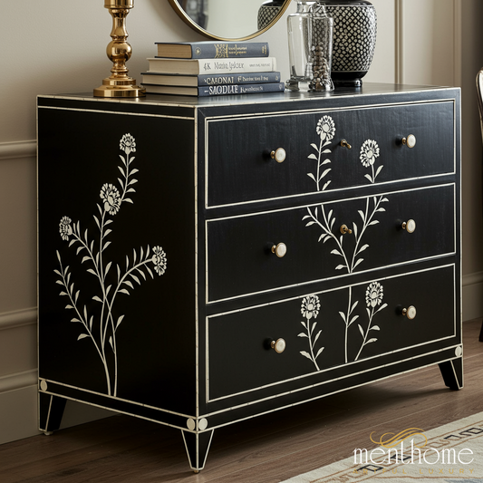 Black Floral Hand-Painted Wooden Chest of Drawers | Luxury Handmade Dresser