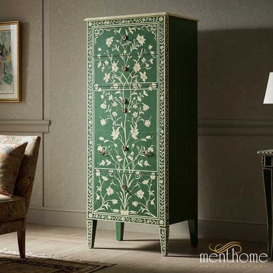 Green Floral Inlaid Tall Chest of Drawers | Luxury Handmade Tallboy