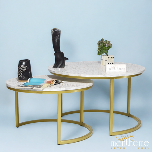 Mother of Pearl Set of 2 Coffee Table with Brass base | Luxury Handmade Coffee Table