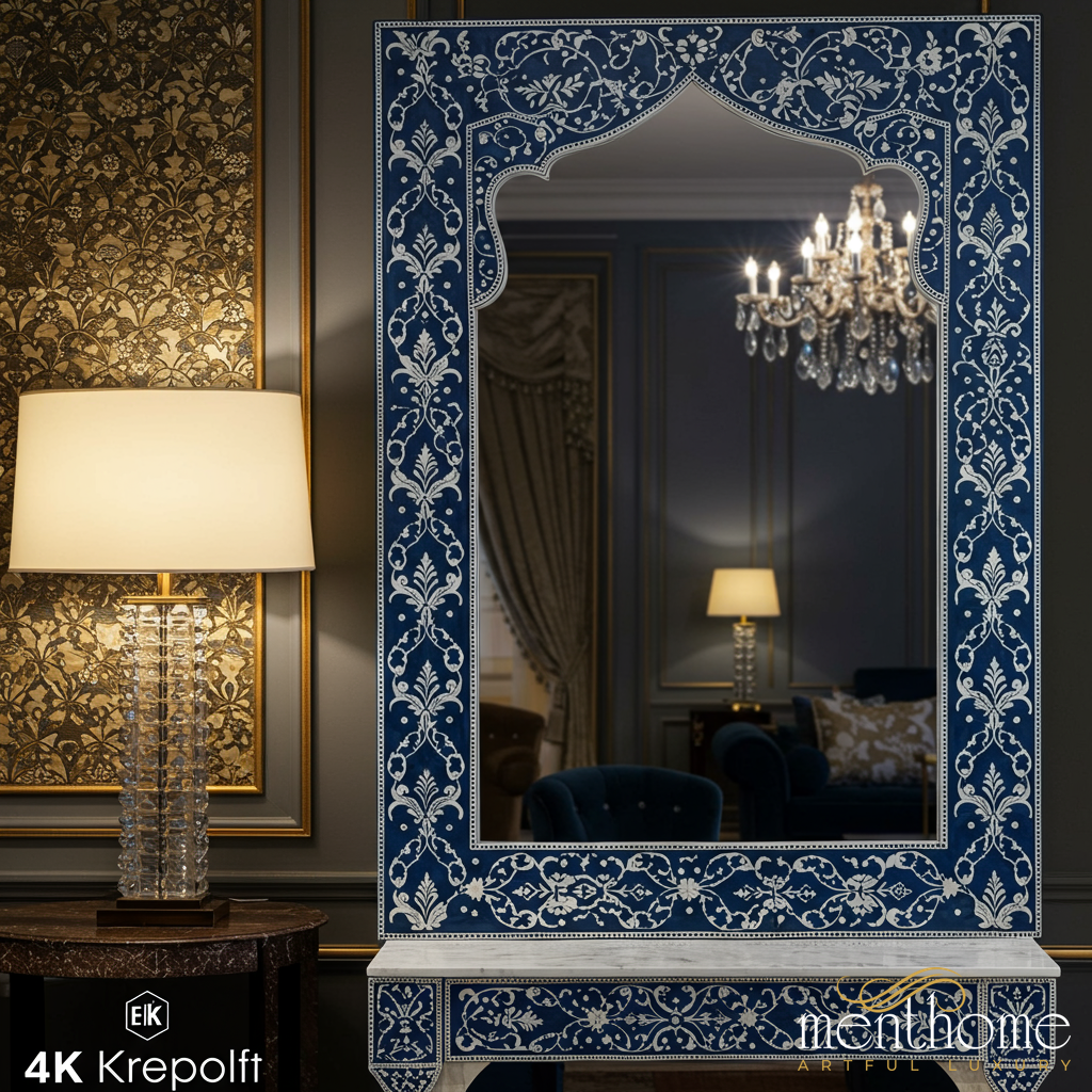 Intricately Designed Blue and White Ornate Wall Mirror | Luxury Handmade Mirror