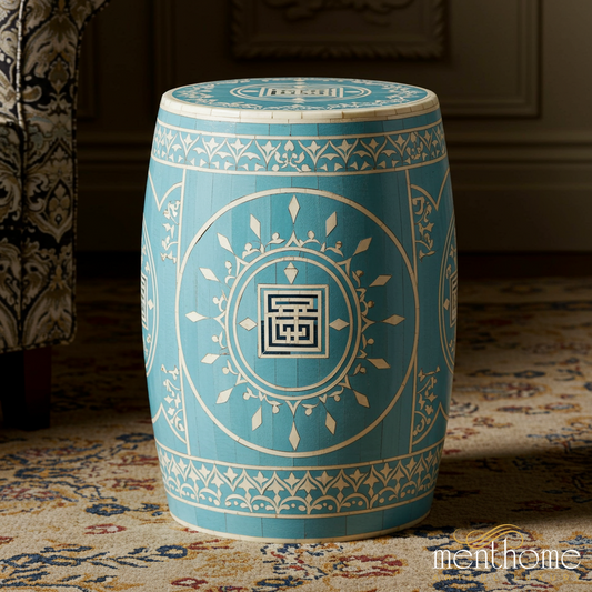 Blue inlay Garden Stool with Intricate White Pattern | Luxury Handmade Stool