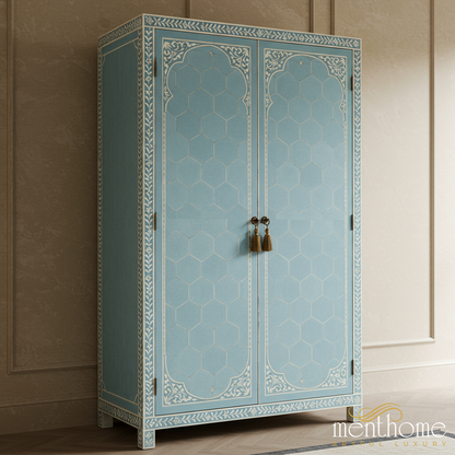 Blue Decorated Wooden Wardrobe with Tassel Handles | Luxury Handmade Wardrobe