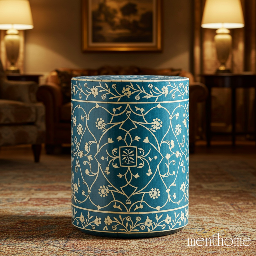 Blue Floral Patterned inlay Garden Stool | Luxury Handmade Stool