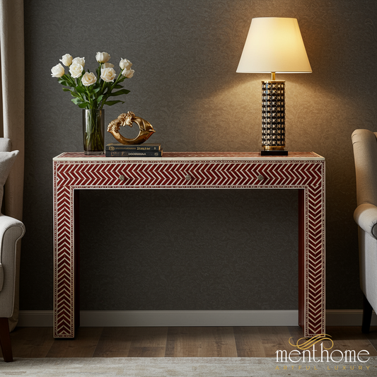 Red and White Chevron Console Table with Drawer | Luxury Handmade Console