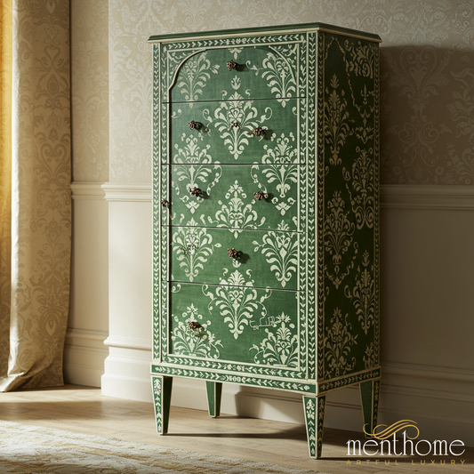 Hand-Painted Green Floral Pattern Tall Dresser | Luxury Handmade Tallboy