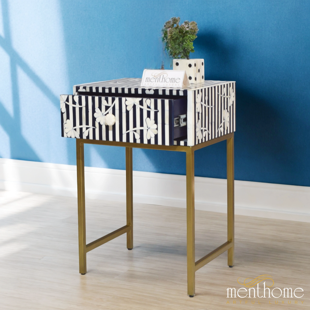 Bone Inlay Floral Waterfall Bedside table Navy Blue with Brass Leg | Luxury Handmade Bedside Table