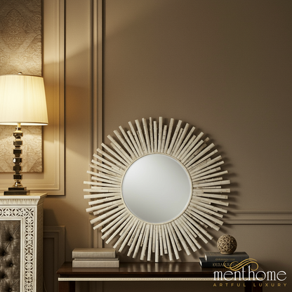 Sunburst Wall Mirror with Distressed Wooden Frame | Luxury Handmade Mirror