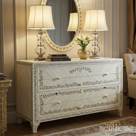 Vintage White Decorative Dresser with Floral Inlay
