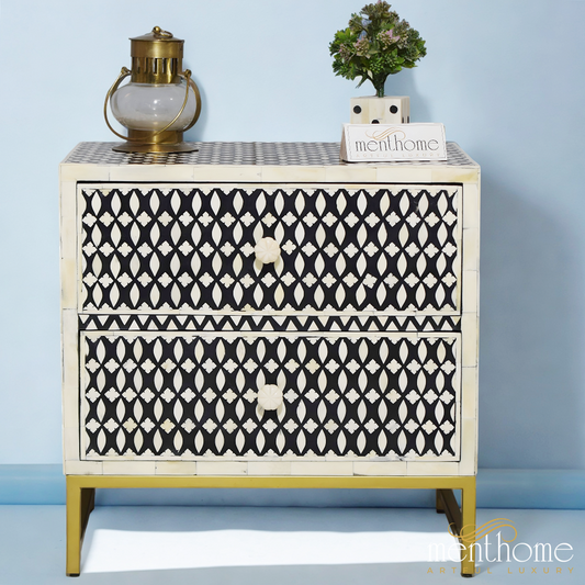 Eye Pattern 2 drawer Bedside Table Black Bone Inlay | Luxury Handmade Bedside Table