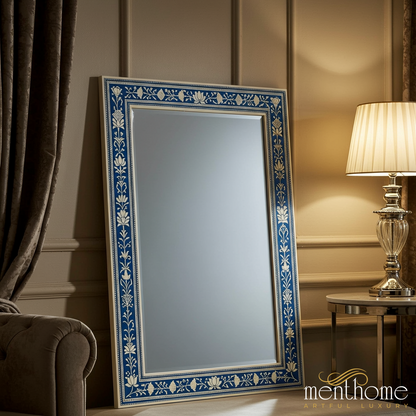 Elegant Decorative Floor Mirror with Blue and Gold Floral Frame | Luxury Handmade Mirror