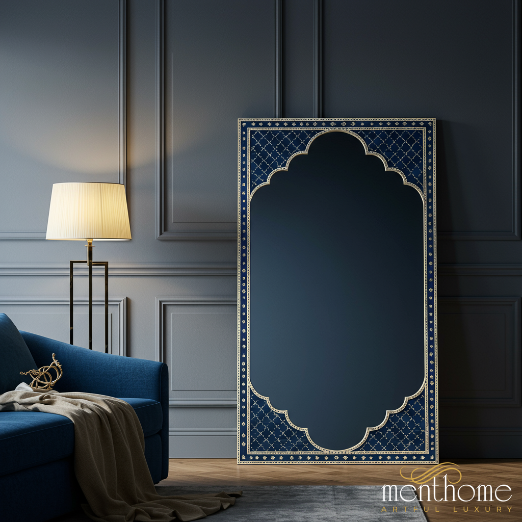 Elegant Large Floor Mirror with Ornate Blue and Gold Frame | Luxury Handmade Mirror