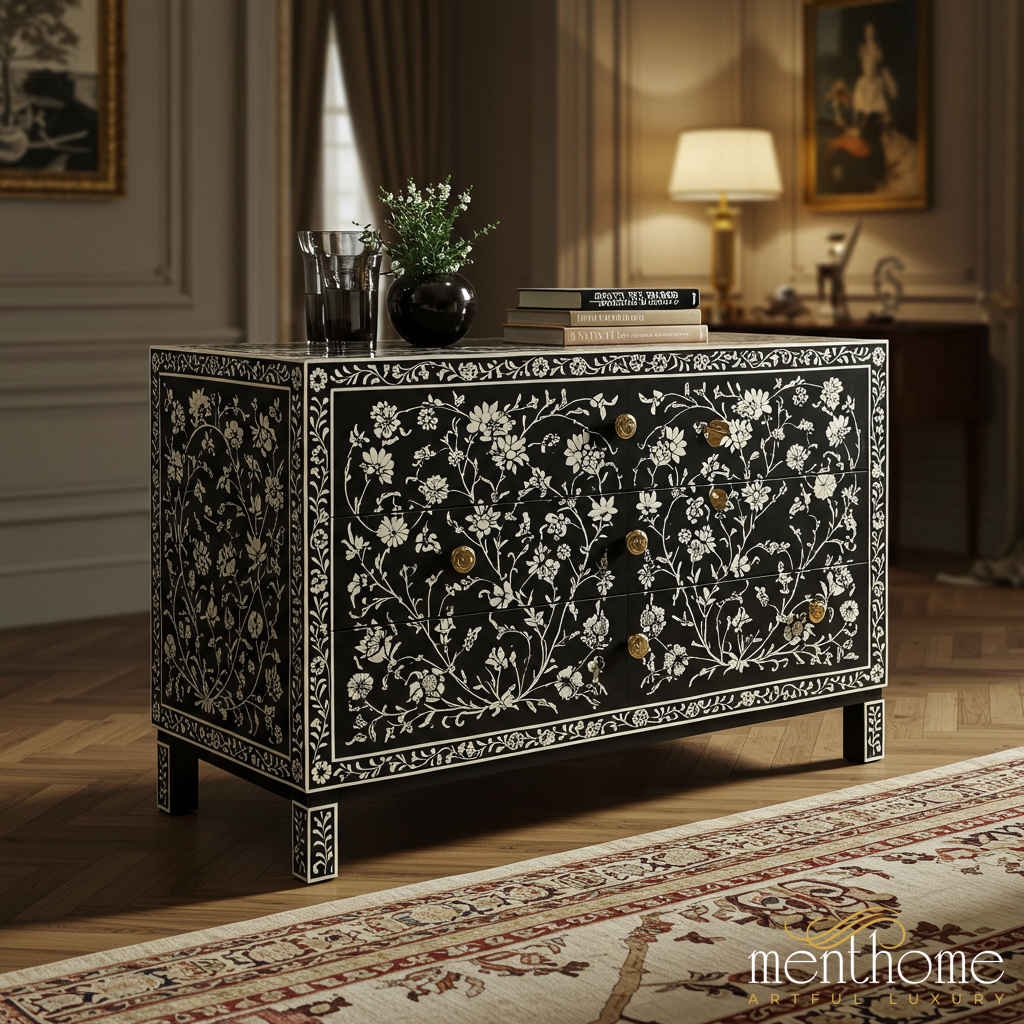 Elegant Black Floral Inlaid Wooden Dresser | Luxury Handmade Dresser