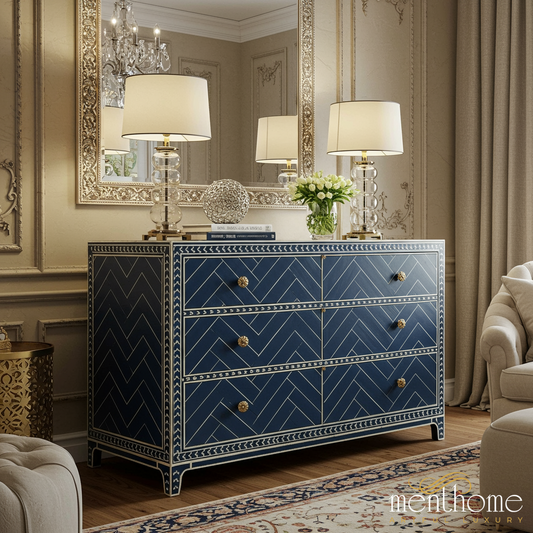 Elegant Navy Blue Chevron Pattern Dresser with Gold Accents | Luxury Handmade Dresser
