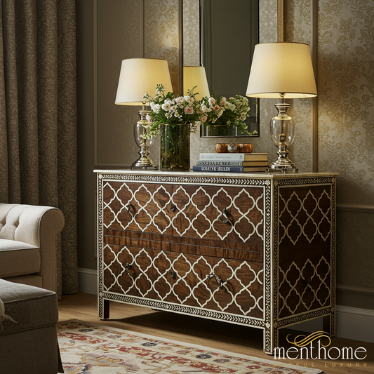 Moroccan-Inspired Wooden Chest of Drawers with Inlay Design | Luxury Handmade Dresser