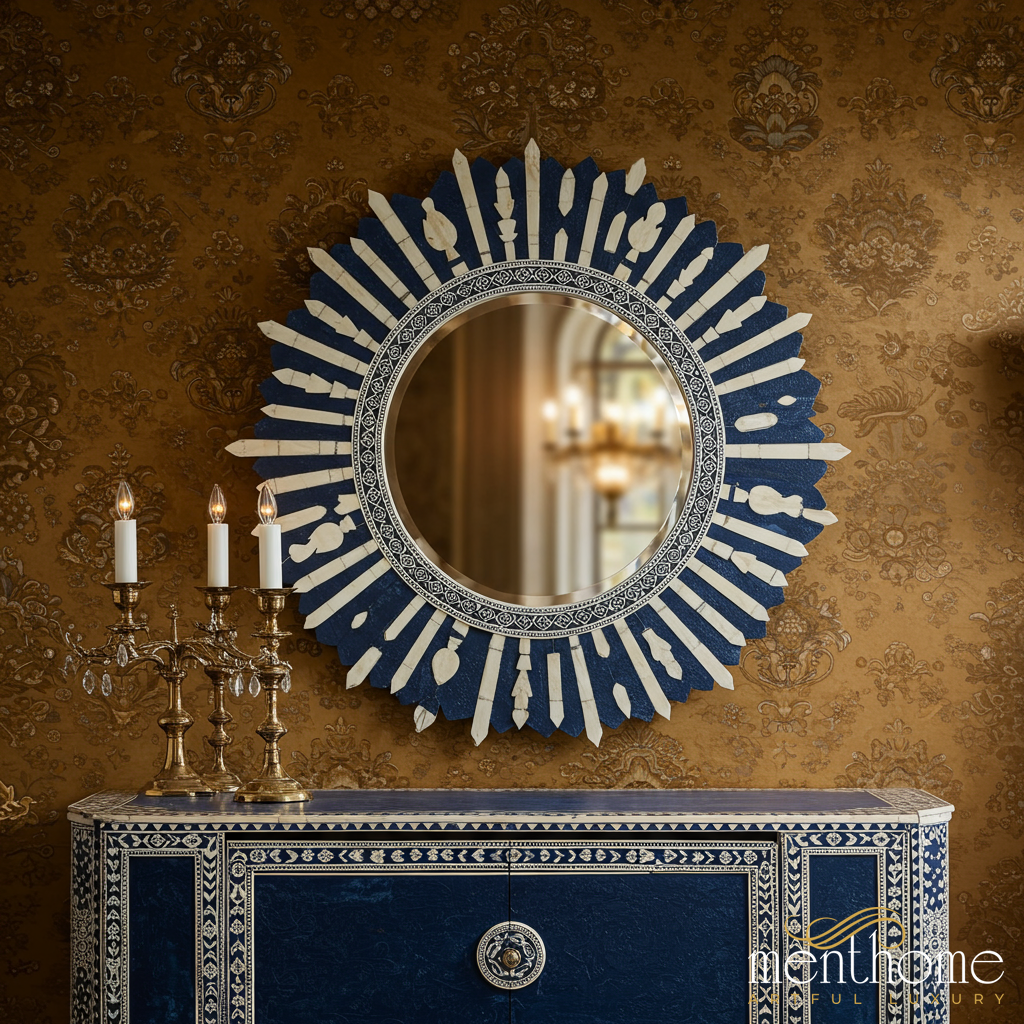 Blue and White Ornate Bone Inlay Sunburst Mirror | Luxury Handmade Mirror