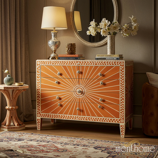 Sunburst Inlay Wooden Chest of Drawers | Luxury Handmade Dresser