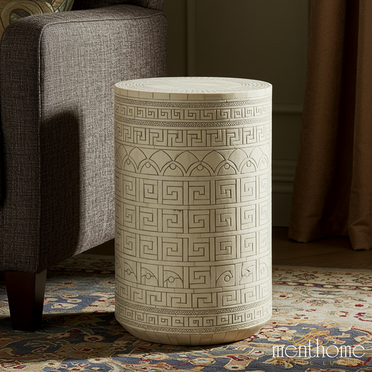 Geometric Pattern Ceramic Stool | Luxury Handmade Side Table