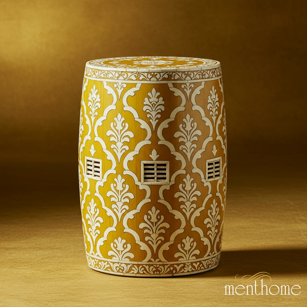 Decorative Yellow and White Patterned inlay Garden Stool | Luxury Handmade Stool