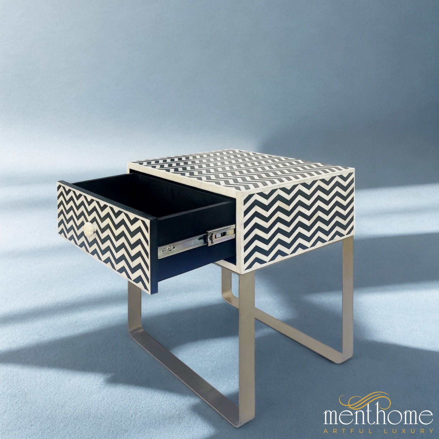 Chevron Pattern Bedside Table with Metal Base | Luxury Handmade Bedside Table