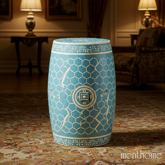 Blue inlay Garden Stool with White Geometric and Floral Patterns | Luxury Handmade Stool