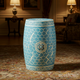 Blue inlay Garden Stool with White Geometric and Floral Patterns | Luxury Handmade Stool