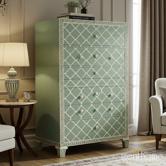 Decorative Green Patterned Tall Dresser | Luxury Handmade Tallboy