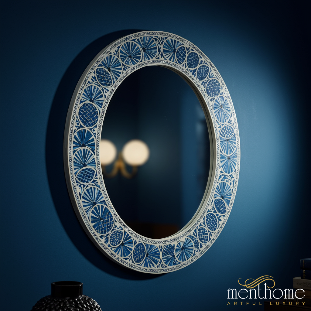 Elegant Blue Patterned Wall Mirror | Luxury Handmade Mirror