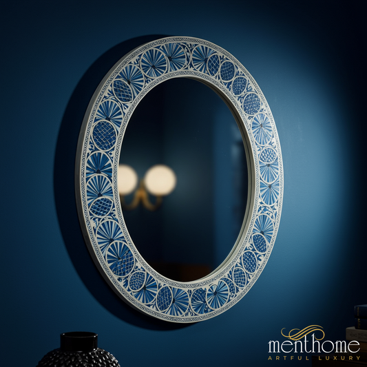 Elegant Blue Patterned Wall Mirror | Luxury Handmade Mirror