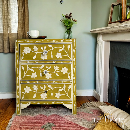 Floral Design Bone Inlay Bedside Table | Luxury Handmade Bedside Table
