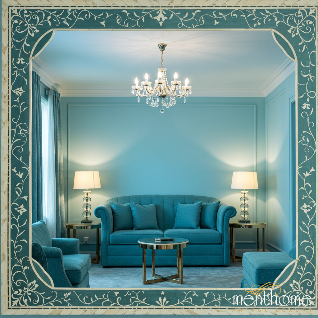 Elegant Blue Living Room Furniture Set | Luxury Handmade Mirror