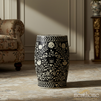 Black and White Floral Garden Stool | Luxury Handmade Stool