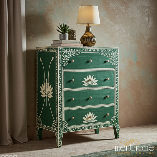 Green Floral Hand-Painted Chest of Drawers | Luxury Handmade Tallboy