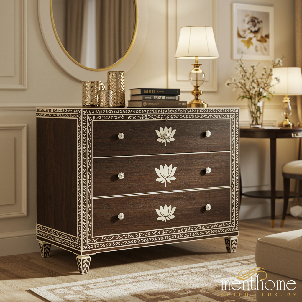 Elegant Wooden Chest of Drawers with Lotus Inlay | Luxury Handmade Dresser