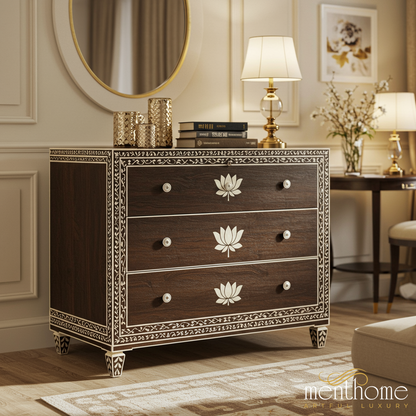 Elegant Wooden Chest of Drawers with Lotus Inlay | Luxury Handmade Dresser