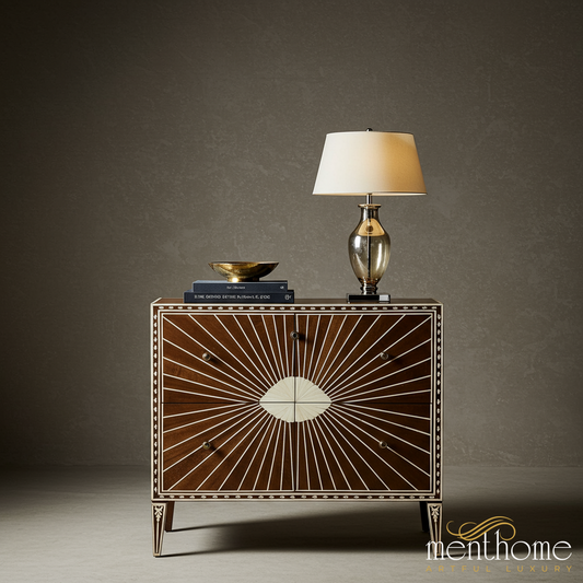 Sunburst Design Wooden Cabinet with Decorative Inlay | Luxury Handmade Tallboy