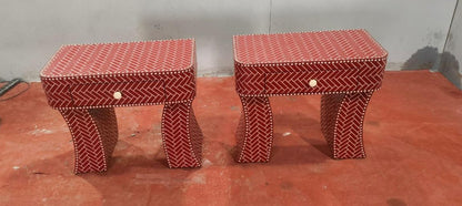 Red Bone Inlay One-Drawer Bedside Table with Geometric Herringbone Design