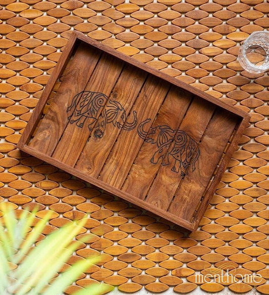 Ethereal Elephants Brown Sheesham Wood Serving Tray | Luxury Handmade Trays