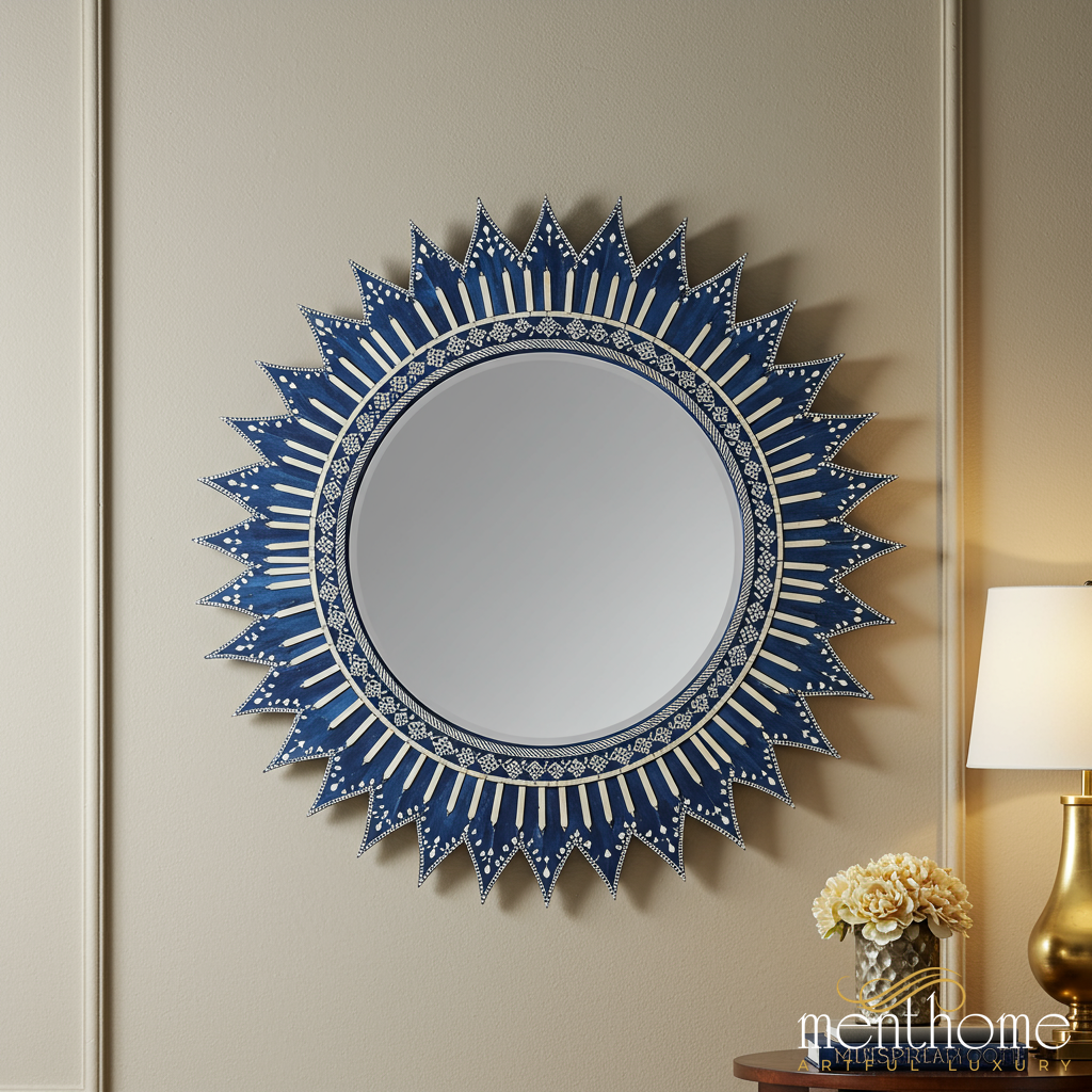 Sunburst Decorative Wall Mirror with Blue and White Frame | Luxury Handmade Mirror