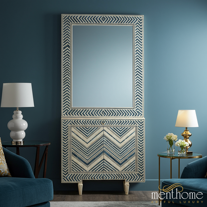 Chevron Patterned Mirror and Cabinet Set | Luxury Handmade Mirror