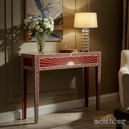Red Console Table with White Inlay Design | Luxury Handmade Console