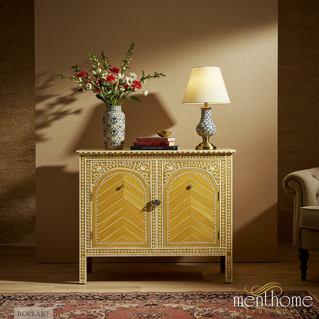 Handcrafted Wooden Cabinet with Intricate Inlay Design | Luxury Handmade Cabinet