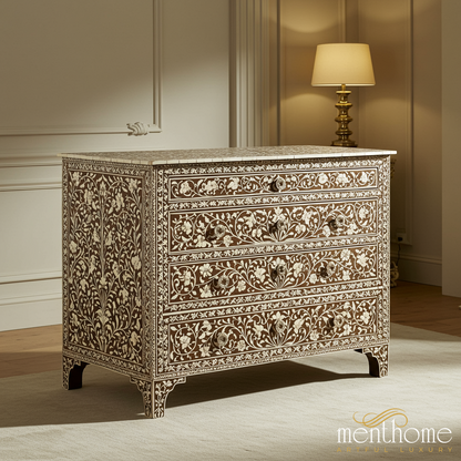 Handcrafted Bone Inlay Floral Chest of Drawers | Luxury Handmade Chest of Drawer