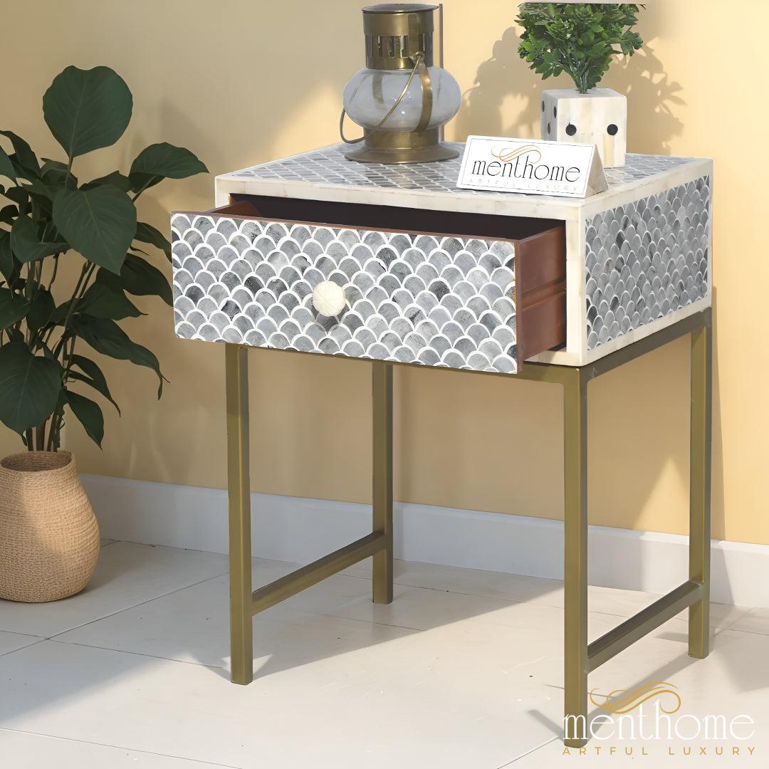 Antique furniture Bone inlay one drawer Nightstand | Luxury Handmade Bedside Table