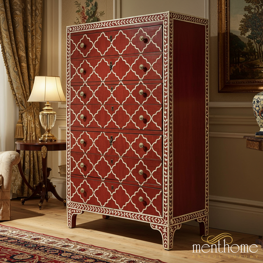 Handcrafted Red Bone Inlay Chest of Drawers | Luxury Handmade Tallboy