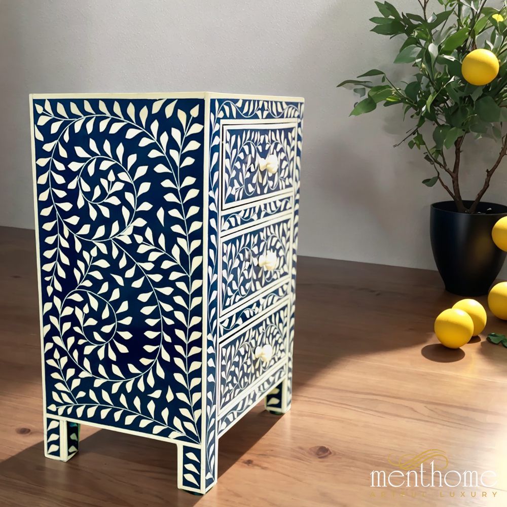 Leaf Design Black and White 3 Drawer Resin Bedside Table | Luxury Handmade Bedside Table