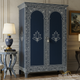 Navy Blue Floral Inlay Wooden Wardrobe | Luxury Handmade Wardrobe