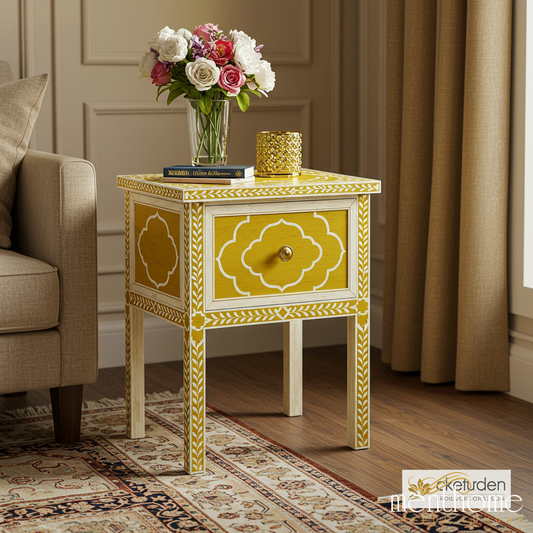 Yellow Hand-Painted Wooden Side Table with Drawer | Luxury Handmade Bedside Table